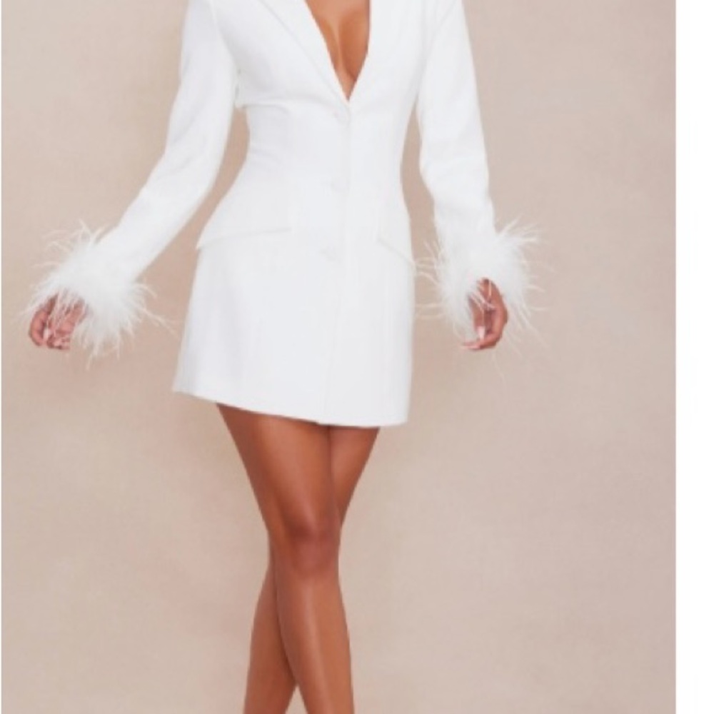 Fashion Nova White Feather Cuff Blazer Dress